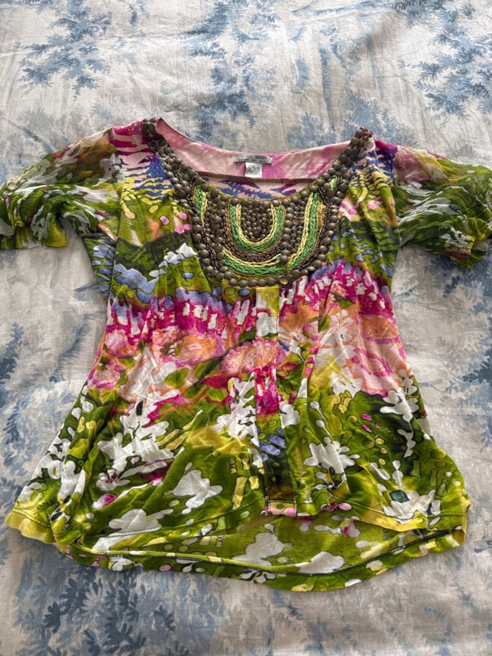 Alberto Makali Multicolor Beaded Scoop Neck Floral Top - Green/Pink